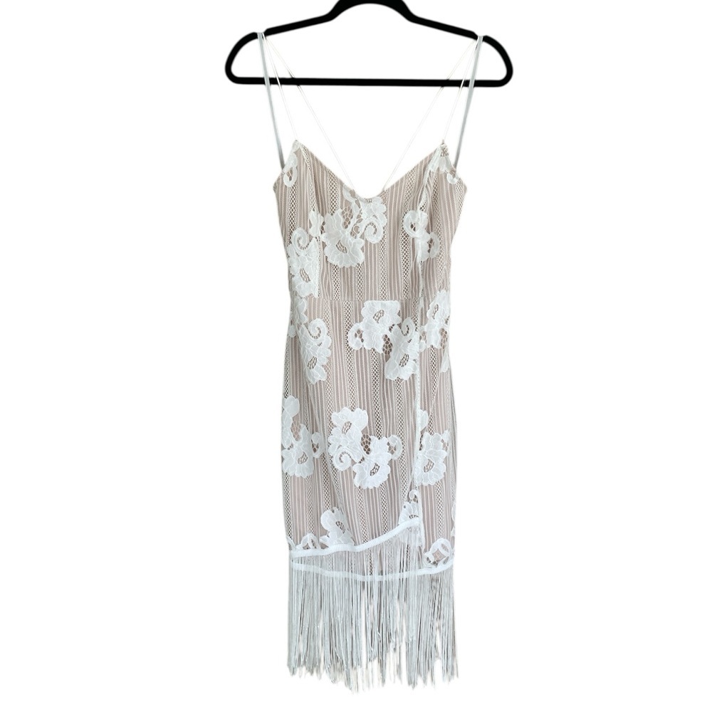 Lovers + Friends Dress Size M Lace Fringe Nude White Floral Mesh Spaghetti Vneck - Picture 13 of 13